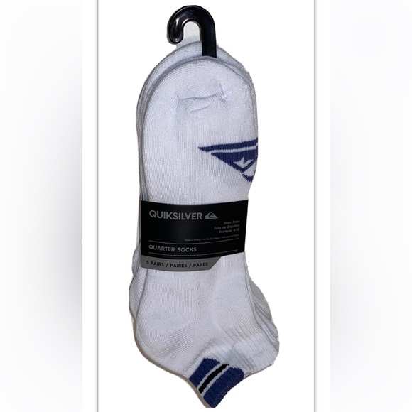 Quicksilver Quarter Socks 5 Pair Men 6-12 White w Multicolor Toe Heel Logo Surf - Picture 1 of 11